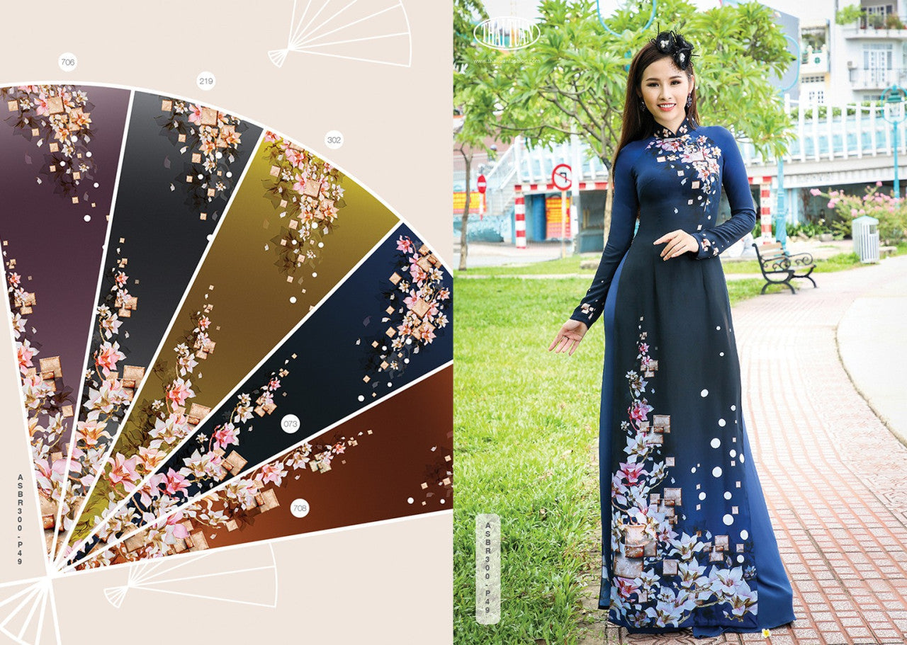 Made-to-measure ao dai by Mark&Vy using high quality, Thai Tuan fabric.  Pretty, flower blossom motif.