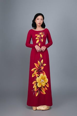Custom made ao dai. Hand-painted, floral motif on dark red silk