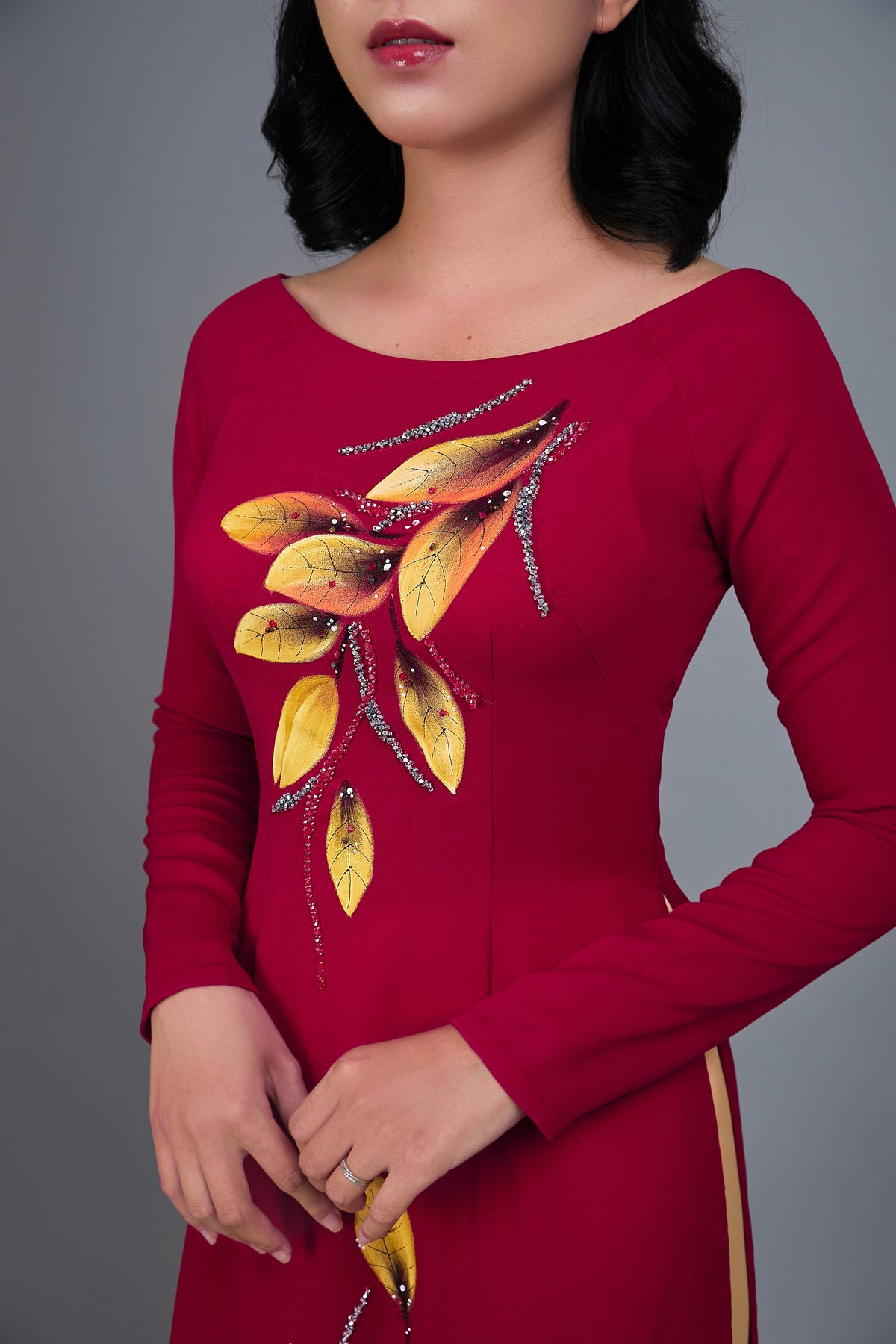 Custom made ao dai. Hand-painted, floral motif on dark red silk