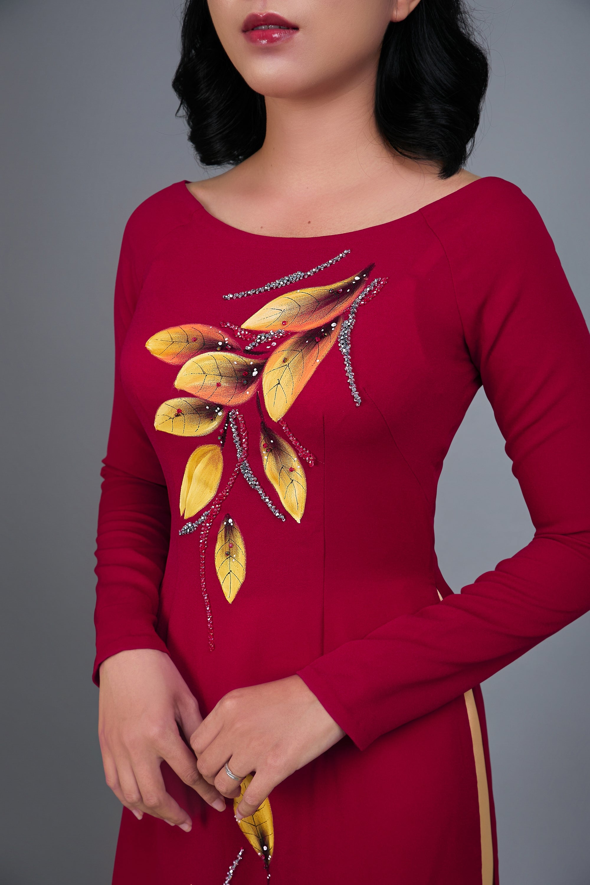 Custom made ao dai. Hand-painted, floral motif on dark red silk - Mark ...