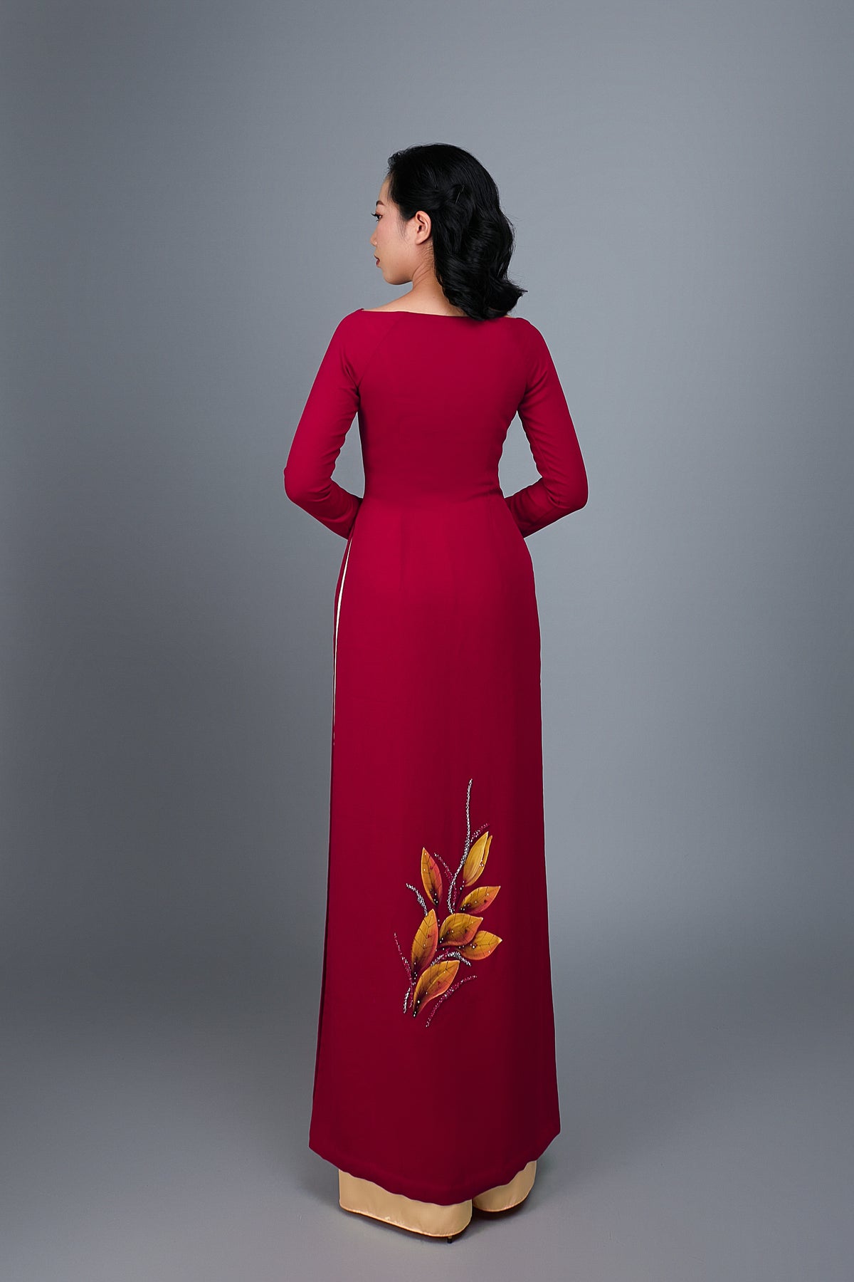 Custom made ao dai. Hand-painted, floral motif on dark red silk