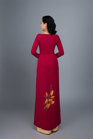 Custom made ao dai. Hand-painted, floral motif on dark red silk