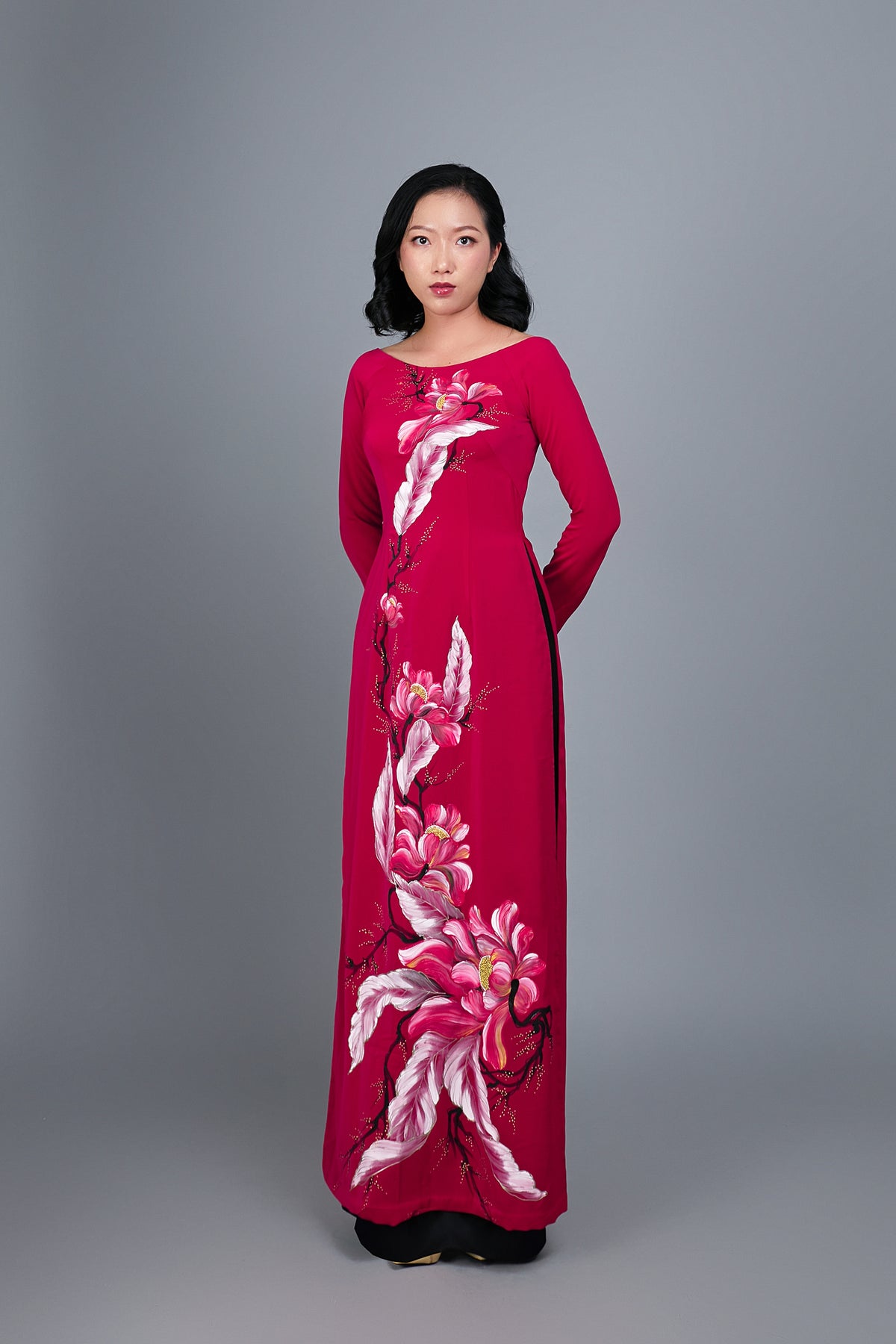 Custom made, hand-painted Ao Dai. Spectacular, floral motif on red sil ...