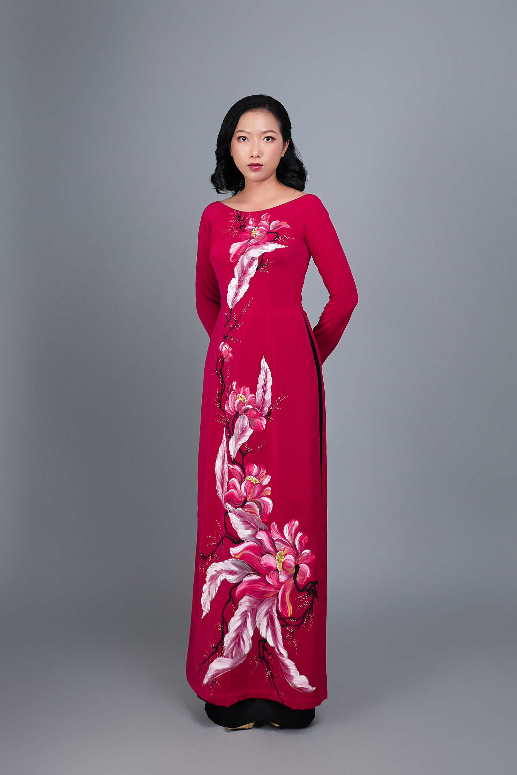 Custom made, hand-painted Ao Dai. Spectacular, floral motif on red silk.