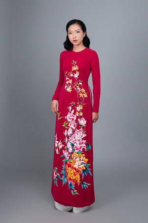 Made to measure ao dai. Hand-painted, floral motif on red silk