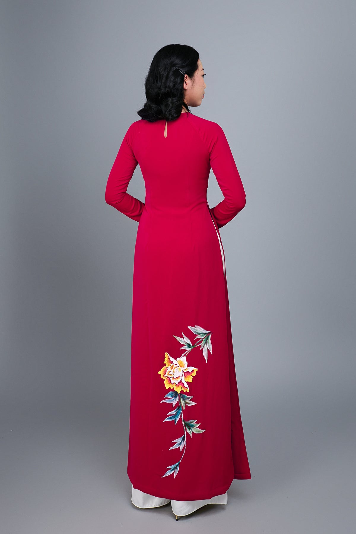 Made to measure ao dai. Hand-painted, floral motif on red silk