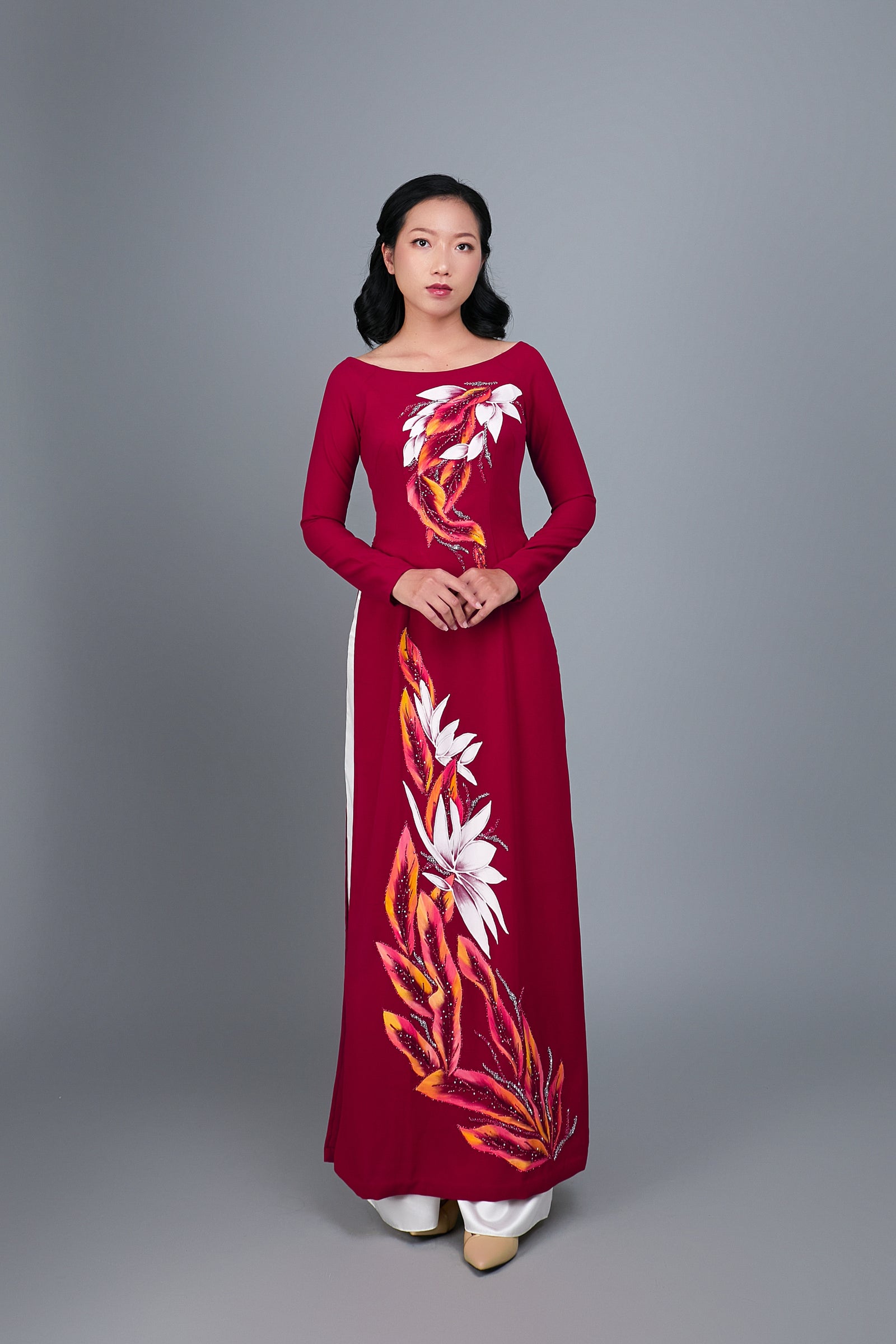 Custom Ao Dai. Hand-painted floral motif on red silk