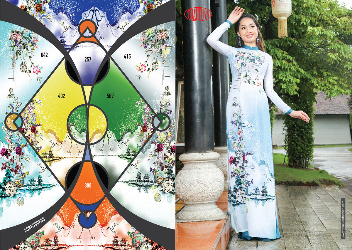 Made-to-measure ao dai by Mark&Vy using high quality, Thai Tuan fabric. Stunning, Snow scene/pagoda motif.