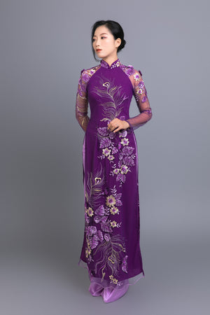 Sample only available, approx. US size 4 - Custom Ao Dai. Multicolored, peacock feather & floral motif lace over purple, chiffon fabric.