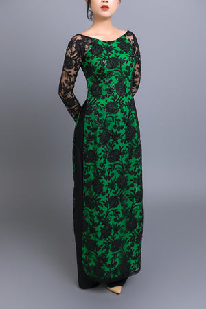 Custom Ao Dai. Black, floral motif lace over green, chiffon fabric.