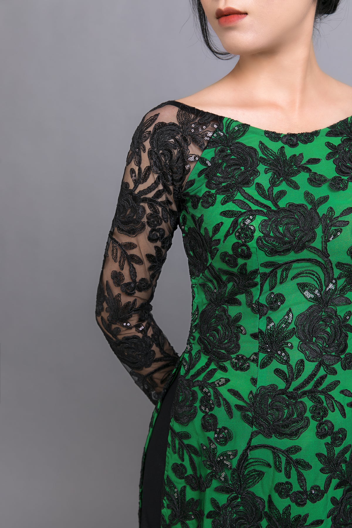 Custom Ao Dai. Black, floral motif lace over green, chiffon fabric. -  Mark&Vy Ao Dai