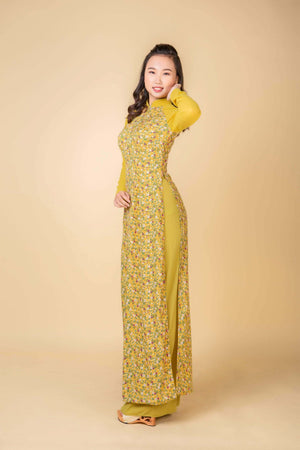 Mark&Vy Ao Dai ao dai dress Ao dai dress in Avocado color. Vietnamese dress, floral design OFA001AVOCADO