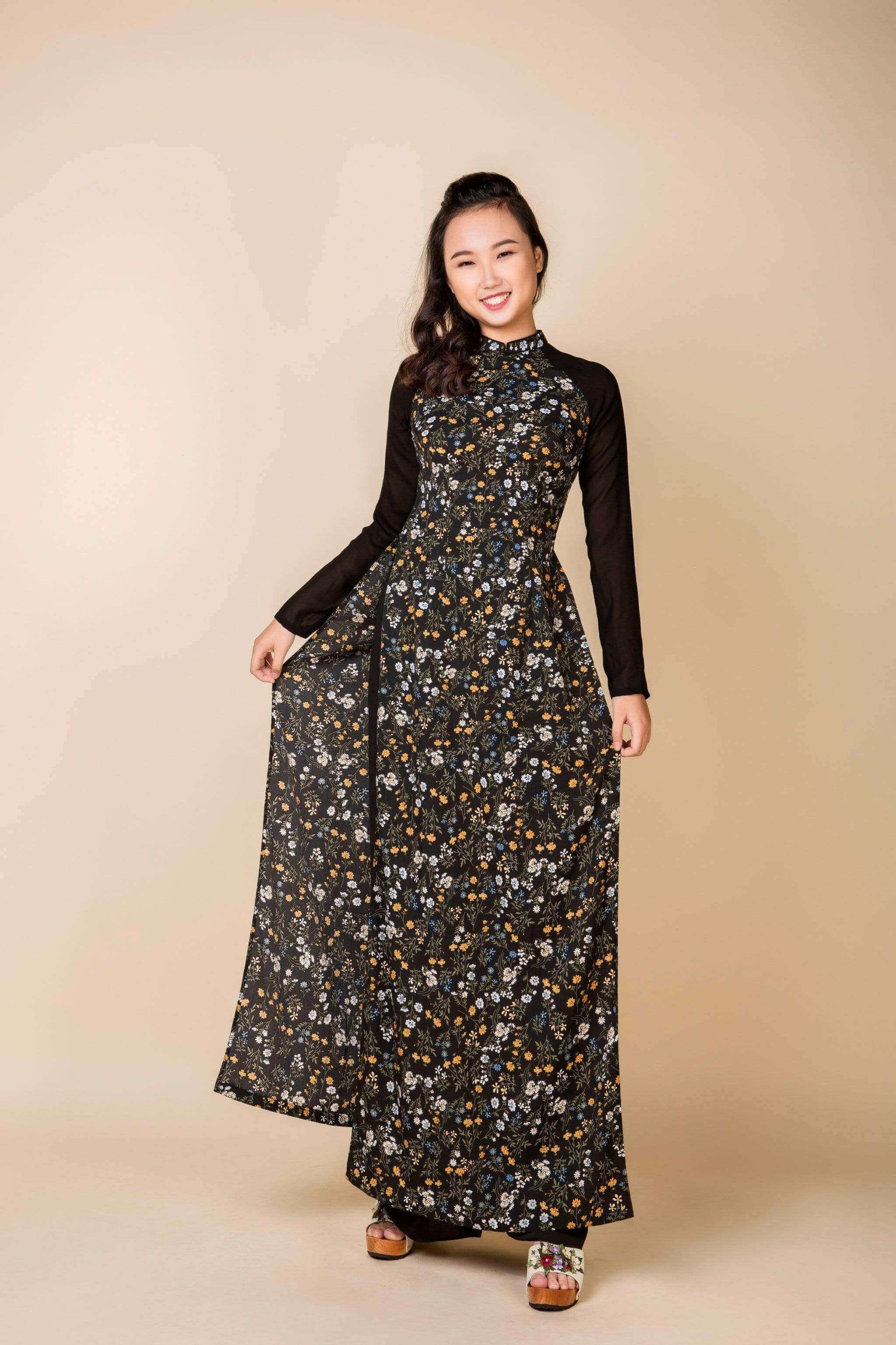 Ao Dai Vietnam - High Collar Black Floral Design Ao Dai w/ Pants - Size S-L