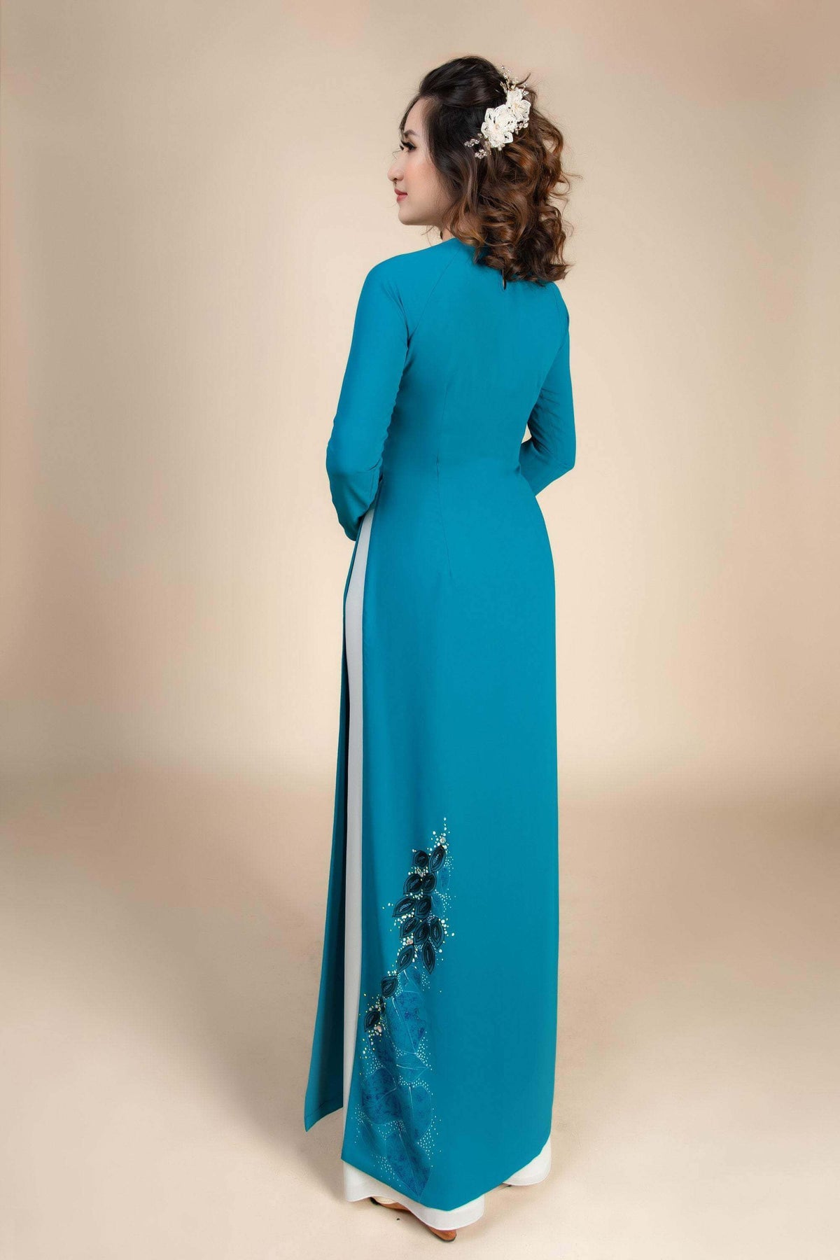 Mark&Vy Ao Dai ao dai dress ao dai; teal colored, hand-painted Vietnamese dress. Custom made. HAN003TEAL