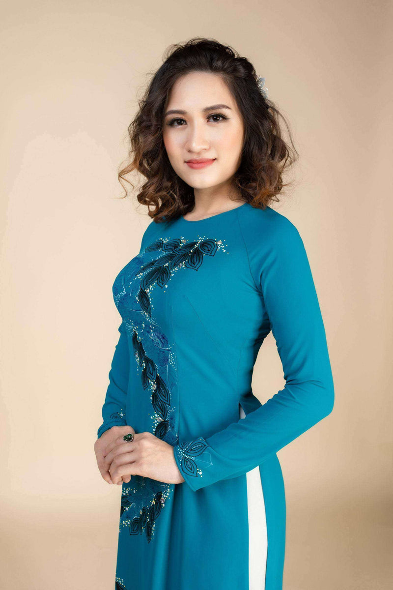 Only Sample US Size 4 - ao dai; teal colored, hand-painted Vietnamese ...