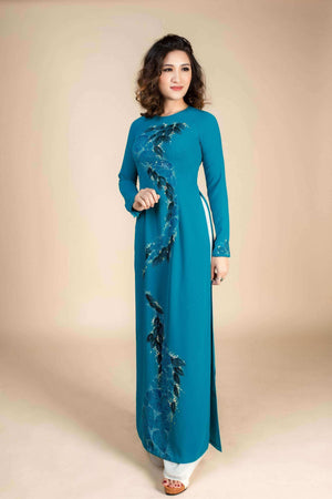Mark&Vy Ao Dai ao dai dress ao dai; teal colored, hand-painted Vietnamese dress. Custom made. HAN003TEAL
