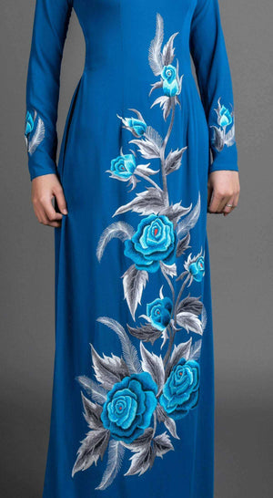 Mark&Vy Ao Dai ao dai dress Ao dai Vietnam traditional dress. Blue silk long dress with stunning embroidered rose motif. EMB005BLUE