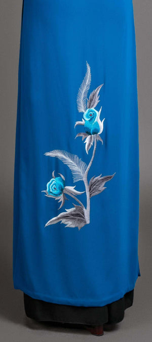 Mark&Vy Ao Dai ao dai dress Ao dai Vietnam traditional dress. Blue silk long dress with stunning embroidered rose motif. EMB005BLUE