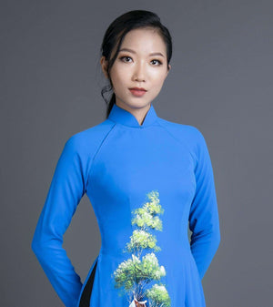 Mark&Vy Ao Dai ao dai dress Ao dai Vietnam traditional dress in hand painted blue silk HAN006BLUE