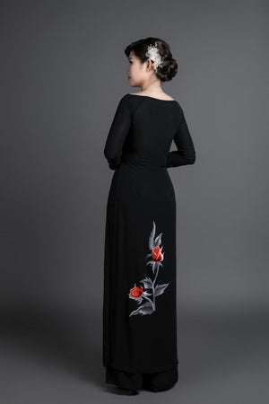 Ao dai, Vietnamese traditional dress. Black silk dress with stunning embroidered, rose motif.