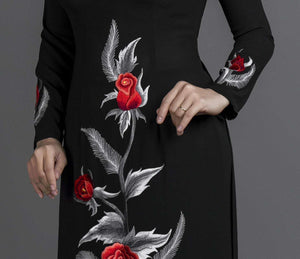 Mark&Vy Ao Dai ao dai dress Ao dai, Vietnamese traditional dress. Black silk dress with stunning embroidered, rose motif. EMB005BLACK