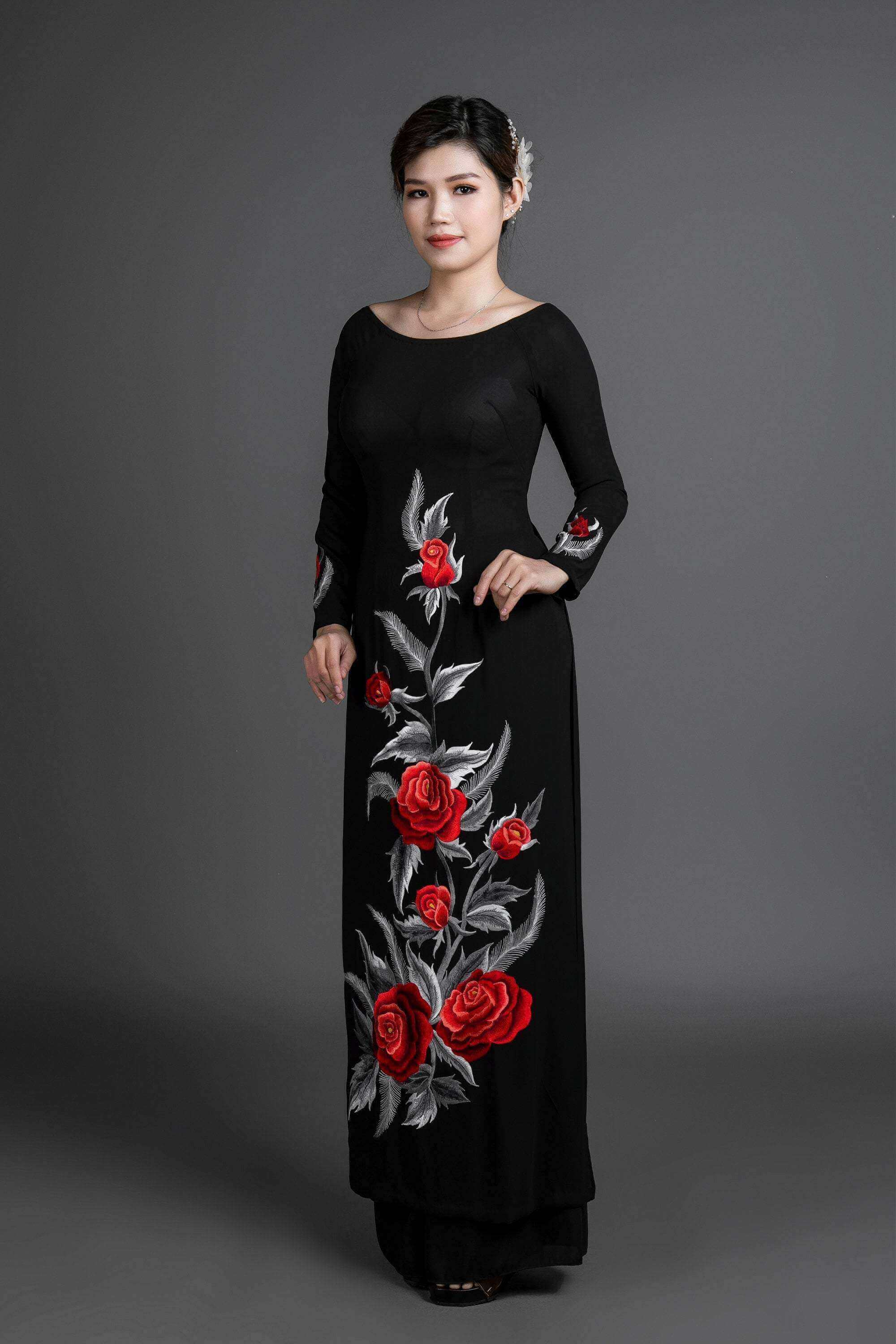 Mark&Vy Ao Dai ao dai dress Ao dai, Vietnamese traditional dress. Black silk dress with stunning embroidered, rose motif. EMB005BLACK