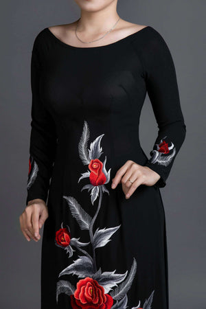 Mark&Vy Ao Dai ao dai dress Ao dai, Vietnamese traditional dress. Black silk dress with stunning embroidered, rose motif. EMB005BLACK