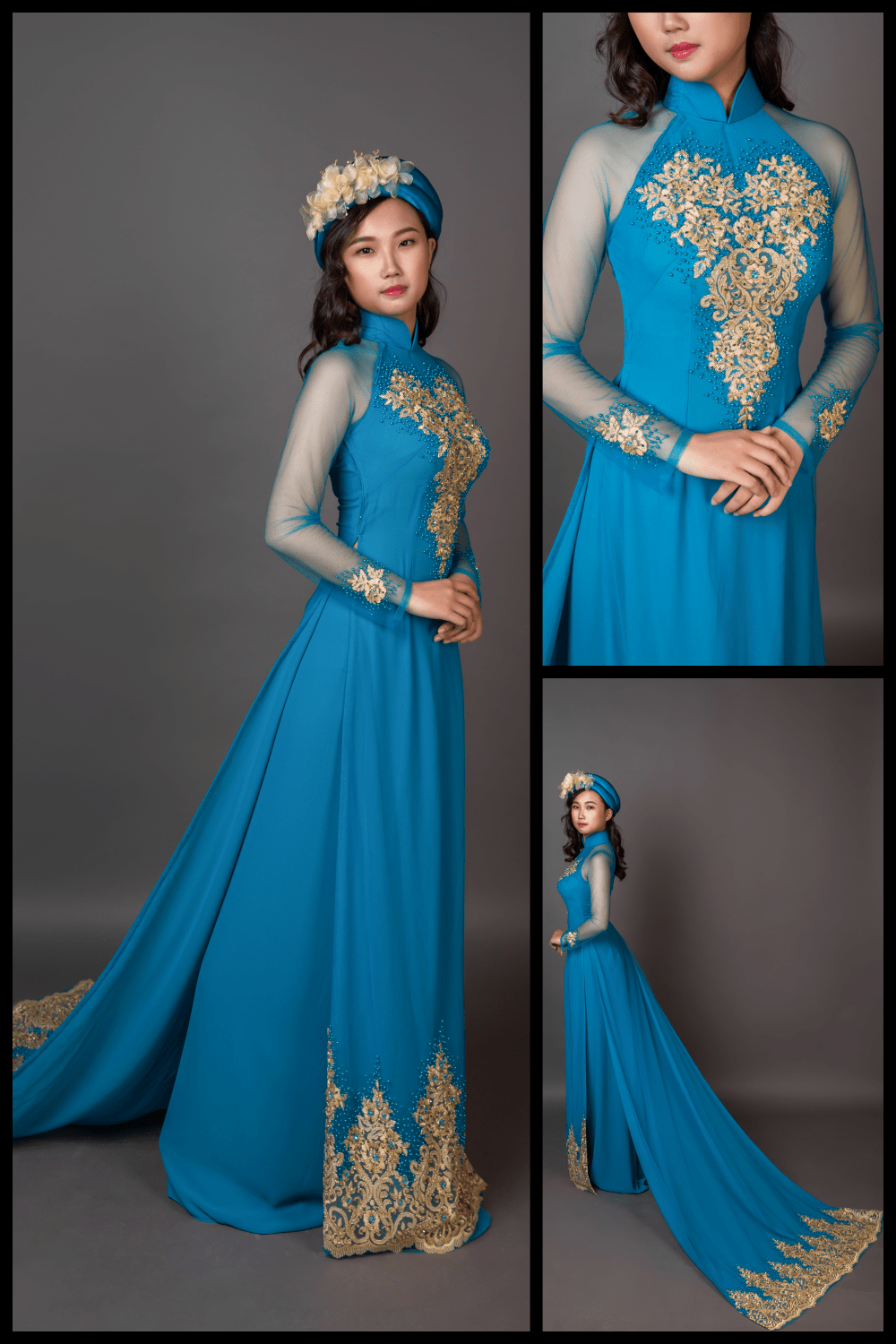 Aqua Blue Wedding Ao Dai with Long Train - Hand Beaded Fabric