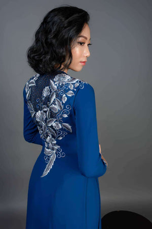 Mark&Vy Ao Dai ao dai dress Blue ao dai dress. beautiful embroidered floral design. TT008072