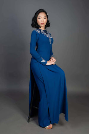 Mark&Vy Ao Dai ao dai dress Blue ao dai dress. beautiful embroidered floral design. TT008072