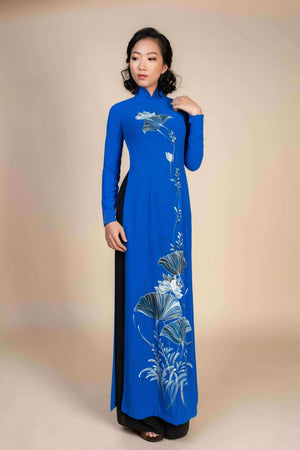 Mark&Vy Ao Dai ao dai dress Blue ao dai; hand-painted lotus design. Made to measure Vietnamese long dress. HAN002BLUE