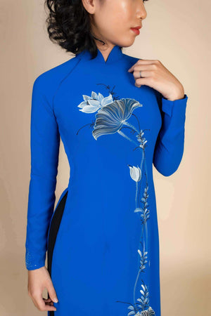 Mark&Vy Ao Dai ao dai dress Blue ao dai; hand-painted lotus design. Made to measure Vietnamese long dress. HAN002BLUE