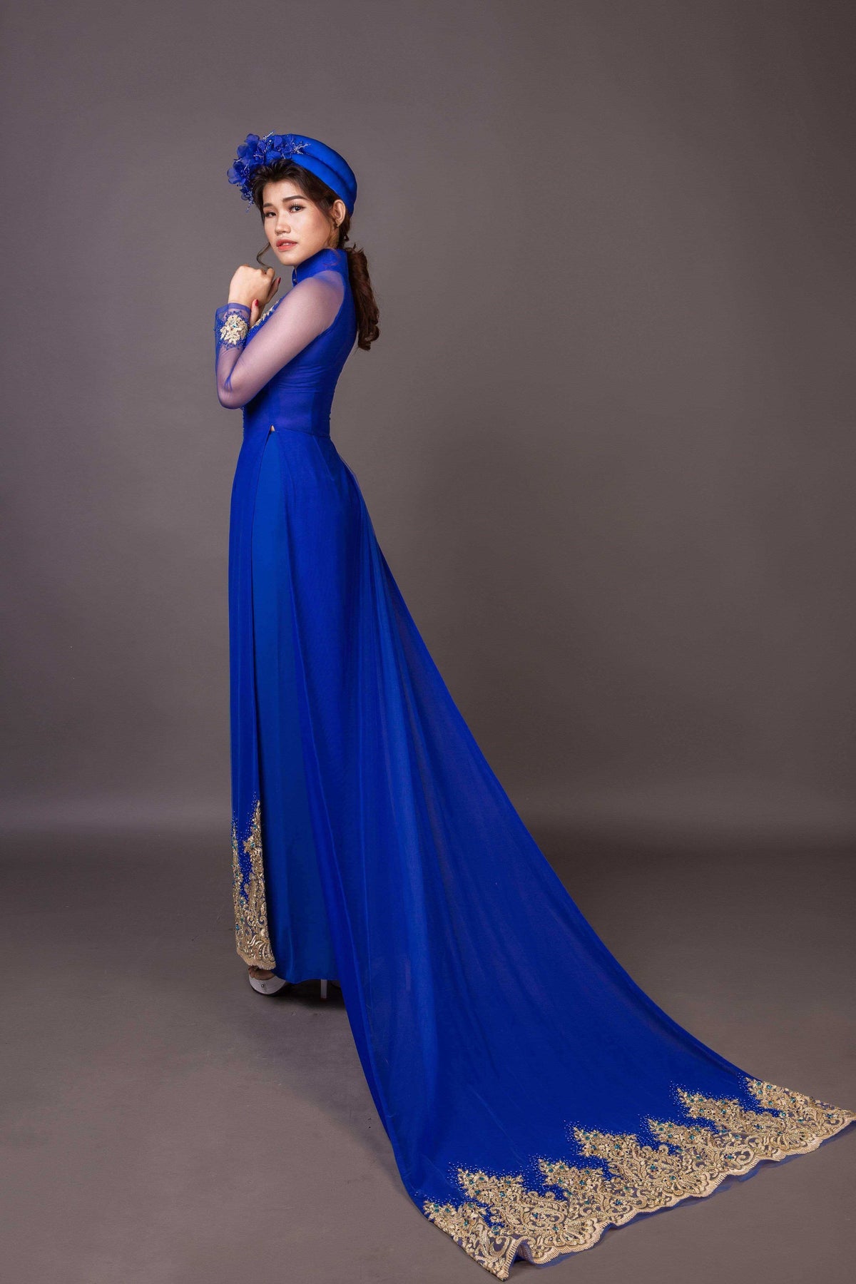 Mark&Vy Ao Dai ao dai dress Blue wedding ao dai with long train - embroidered and hand beaded fabric.