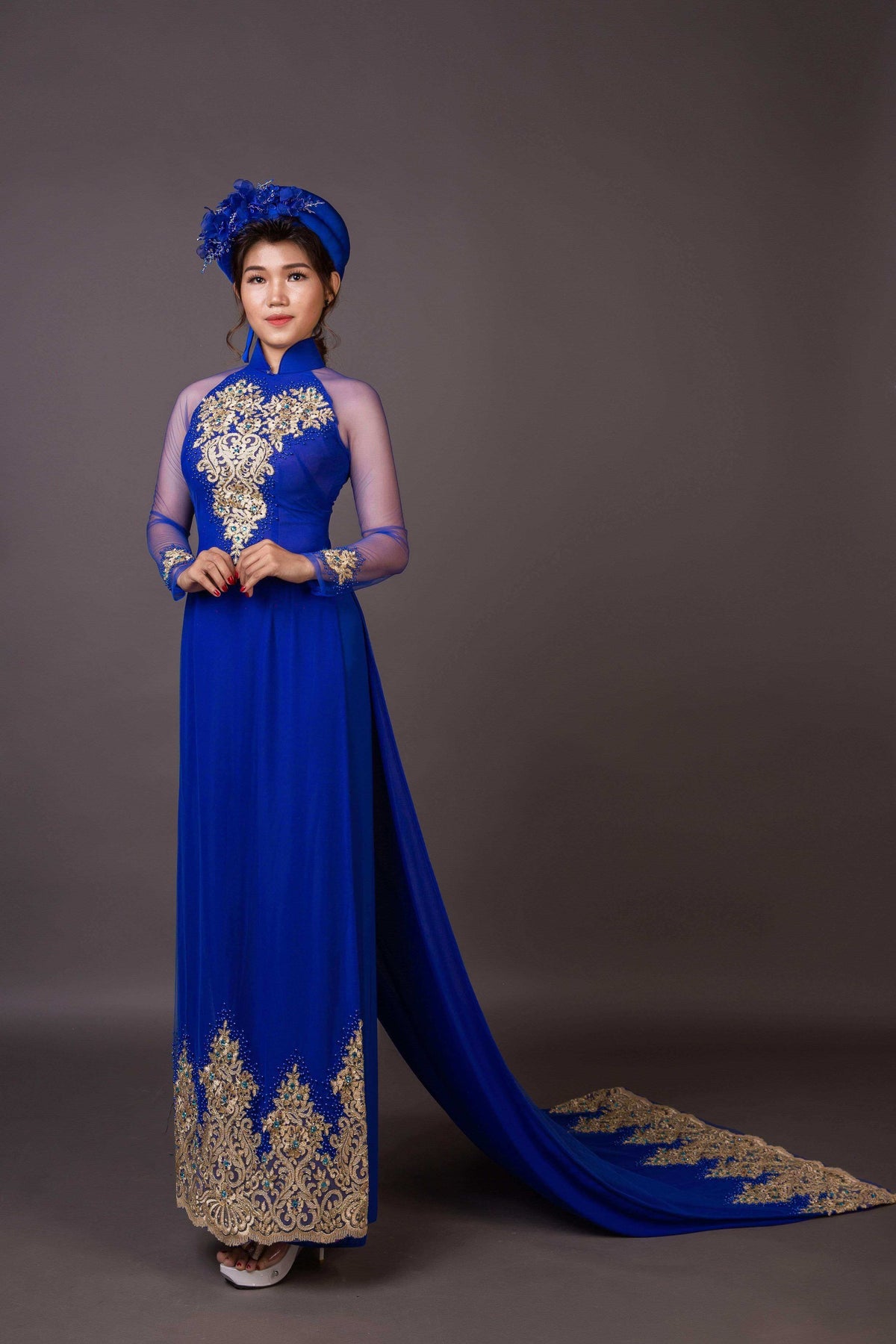 Mark&Vy Ao Dai ao dai dress Blue wedding ao dai with long train - embroidered and hand beaded fabric.