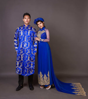 Mark&Vy Ao Dai ao dai dress Blue wedding ao dai with long train - embroidered and hand beaded fabric.