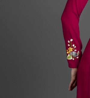 Custom ao dai, Vietnamese traditional dress in burgundy silk with stunning embroidered floral motif.