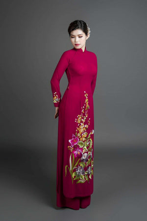 Mark&Vy Ao Dai ao dai dress Custom ao dai, Vietnamese traditional dress in burgundy silk with stunning embroidered floral motif. EMB003BURGUNDY