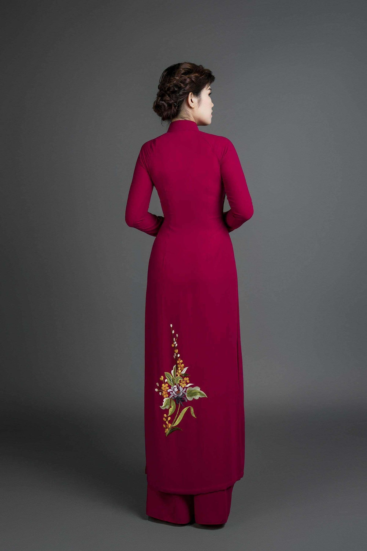 Mark&Vy Ao Dai ao dai dress Custom ao dai, Vietnamese traditional dress in burgundy silk with stunning embroidered floral motif. EMB003BURGUNDY