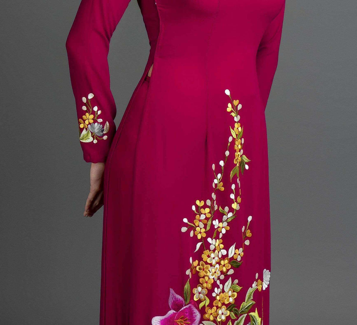 Mark&Vy Ao Dai ao dai dress Custom ao dai, Vietnamese traditional dress in burgundy silk with stunning embroidered floral motif. EMB003BURGUNDY