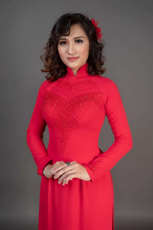 Mark&Vy Ao Dai Dark Pink ao dai. Spectacular Vietnamese long dress; hand beaded, silk blend fabric. BEE00202