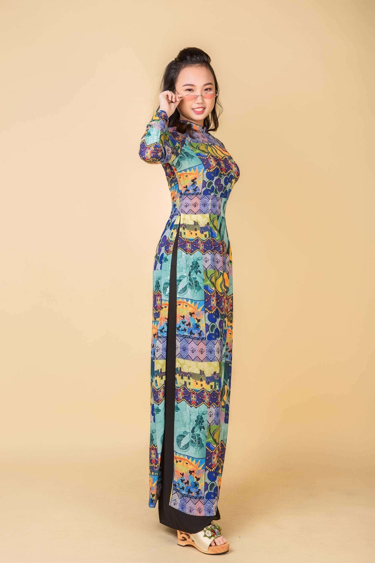 Mark&Vy Ao Dai ao dai dress Green ao dai dress with pants. Floral pattern silk stretch fabric. OFA003LGREEN