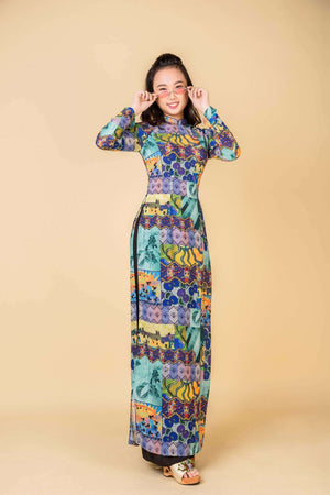 Mark&Vy Ao Dai ao dai dress Green ao dai dress with pants. Floral pattern silk stretch fabric. OFA003LGREEN