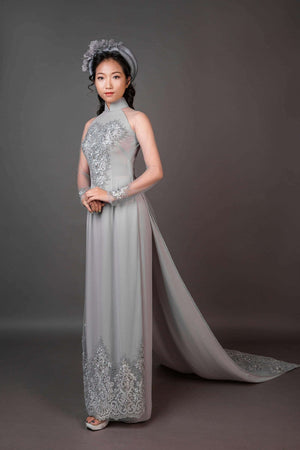 Mark&Vy Ao Dai ao dai dress Grey Wedding ao dai with long train. Beautiful lace and hand beading