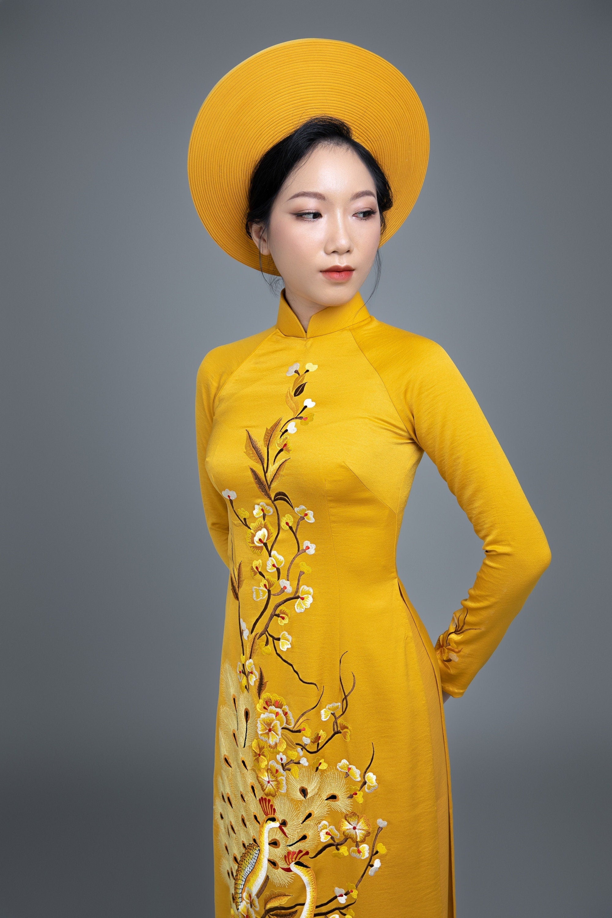 Custom made Vietnamese ao dai dress in yellow with embroidered, peacoc - Mark&Vy Ao Dai Custom made Vietnamese ao dai dress in yellow with embroidered, peacoc - Mark&Vy Ao Dai