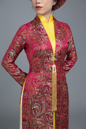 (Sample only available, approx US size 4) Wedding ao dai Vietnamese long dress in yellow with traditional robe in burgundy