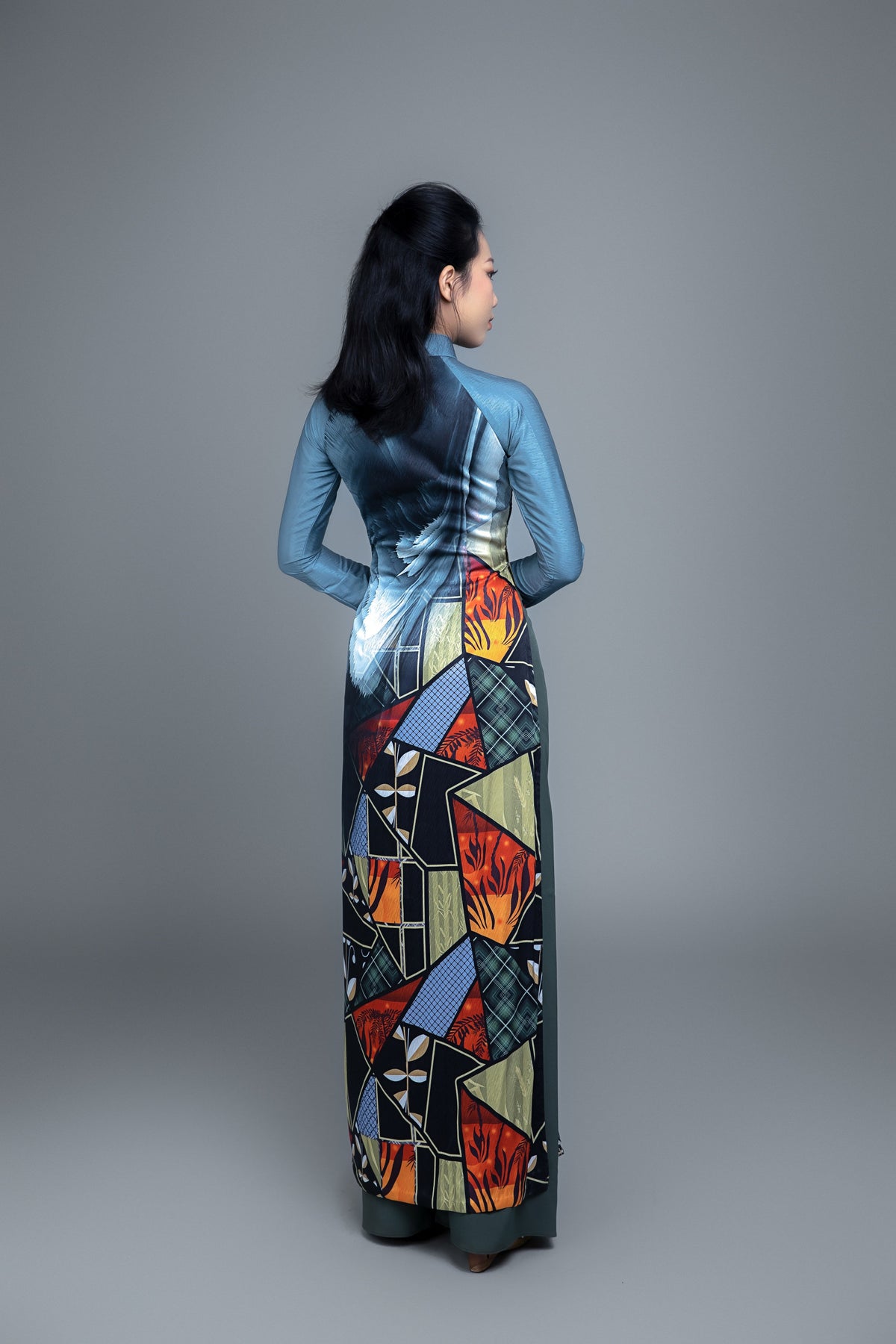 Collage Pattern Printed Ao Dai with pants. Vietnamese Ao Dai. Traditional Ao Dai.
