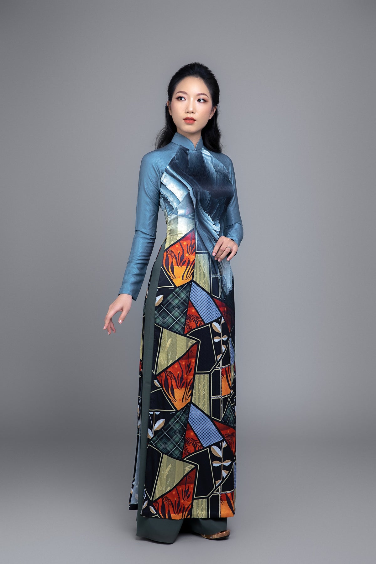 Collage Pattern Printed Ao Dai with pants. Vietnamese Ao Dai. Traditional Ao Dai.