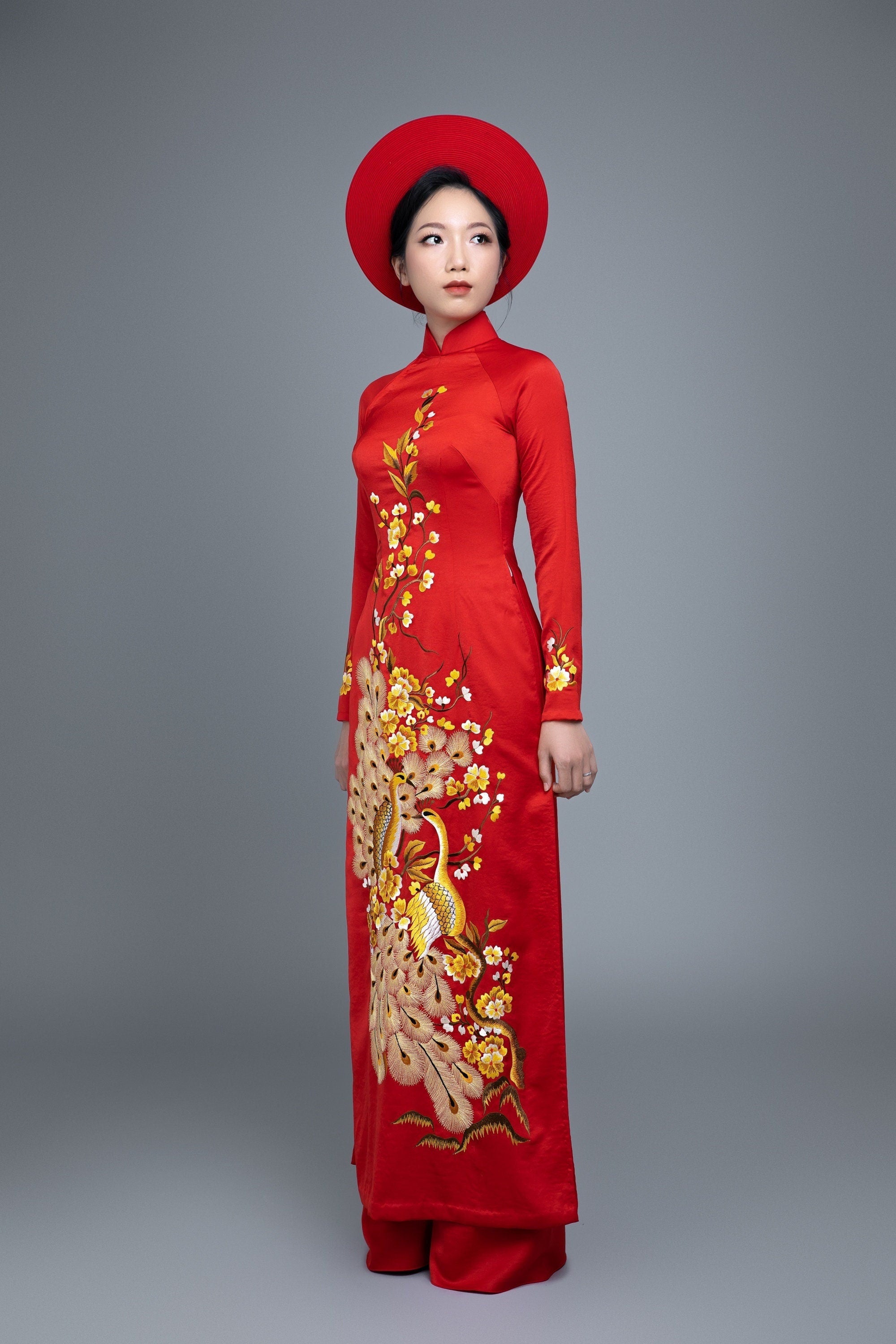 Custom made Vietnamese ao dai dress in red with embroidered, peacock m - Mark&Vy Ao Dai Custom made Vietnamese ao dai dress in red with embroidered, peacock m - Mark&Vy Ao Dai