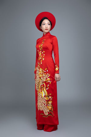Custom made Vietnamese ao dai dress in red with embroidered, peacock motif