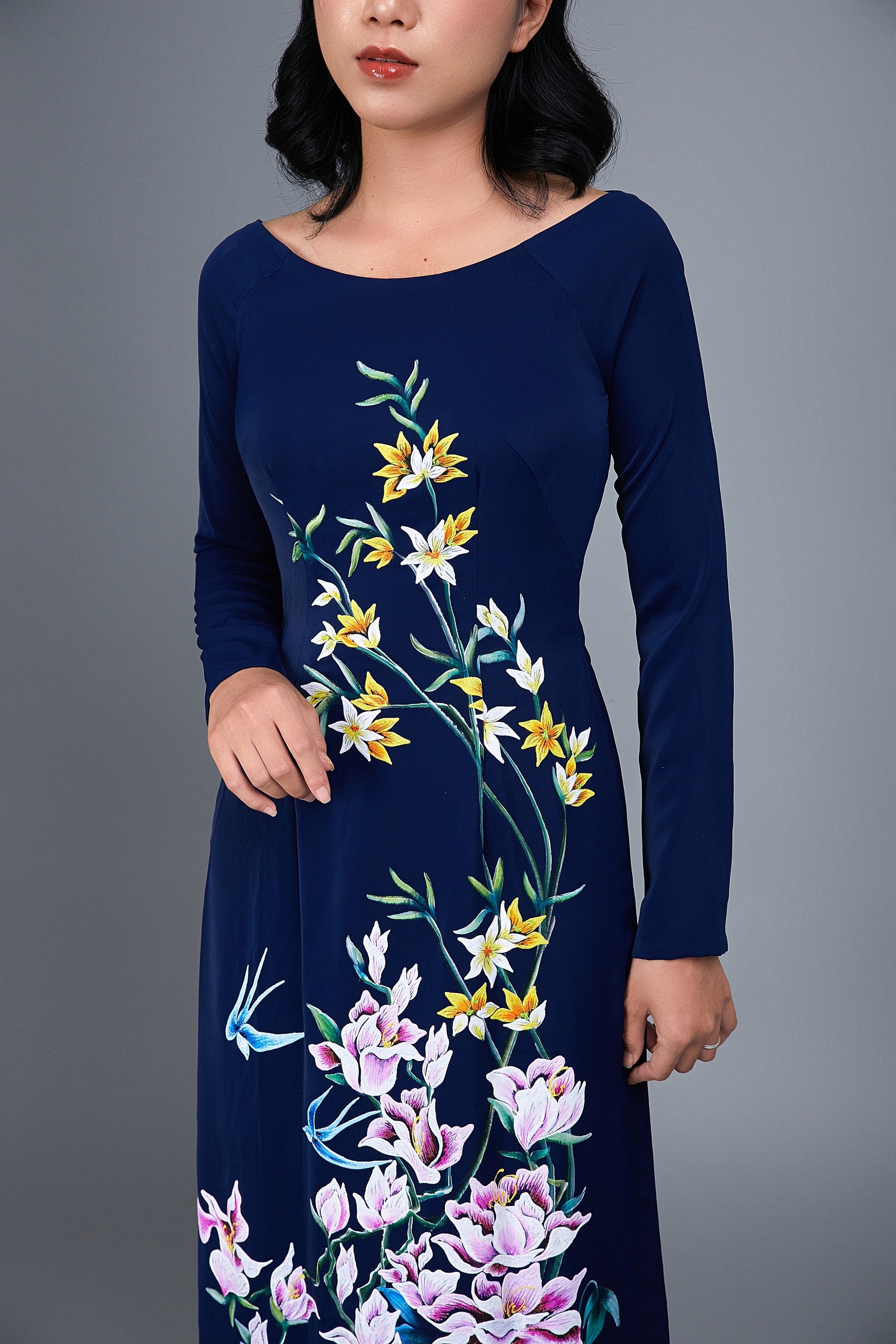 Custom made ao dai. Hand-painted, dark blue silk, traditional Vietname